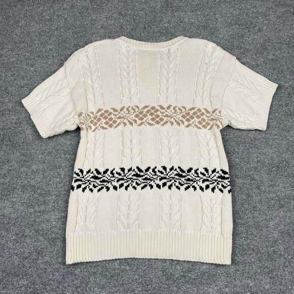 80s Vintage Cable Knit Ski Sweater Short Sleeve Floral Retro - Size S - Picture 2 of 7